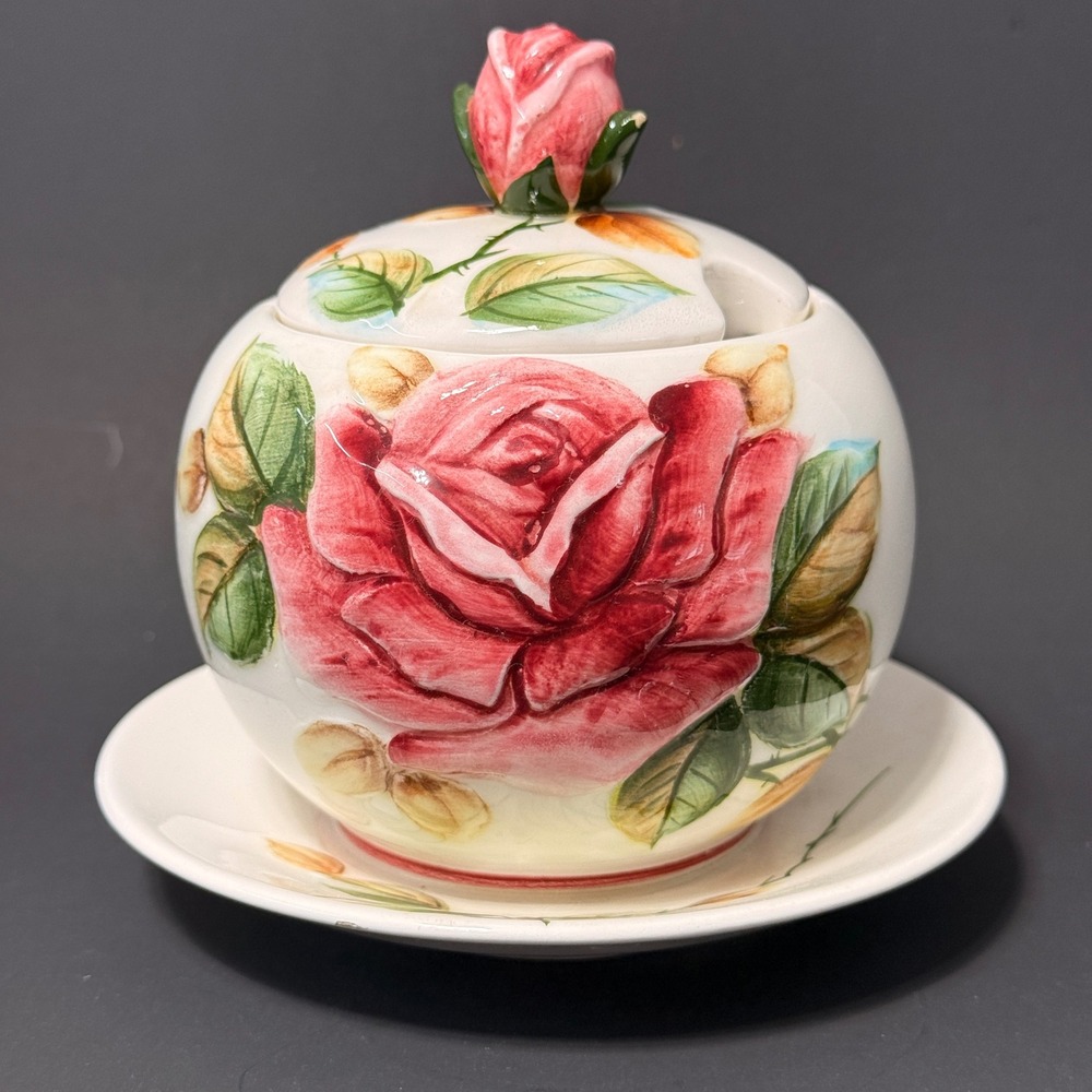Vintage Lefton Red Rose Ceramic Jam Honey Pot with Underplate Japan Rosebud *